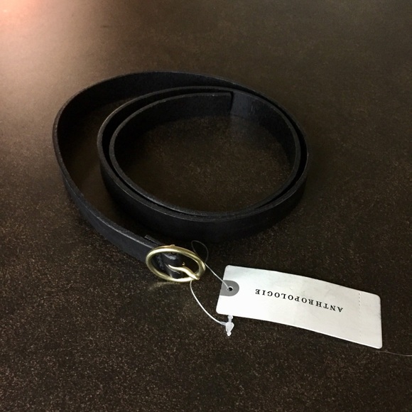 Anthropologie black leather belt, brass buckle NEW - Picture 2 of 3